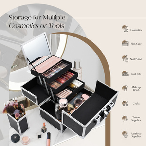 Portable <b>Makeup</b> Train Case with 4 Foldable Trays & Detachable Brush Holder Large Cosmetic <b>Box</b> Nail Storage Organizer with Mirror - Product Image 2