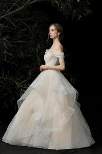 <span class=keywords><strong>Abito</strong></span> da Sposa in <span class=keywords><strong>Tulle</strong></span> con <span class=keywords><strong>Maniche</strong></span> Corte a Sbuffo Champagne, Senza Spalline, Stile Principessa, con Pizzo - Product Image 3