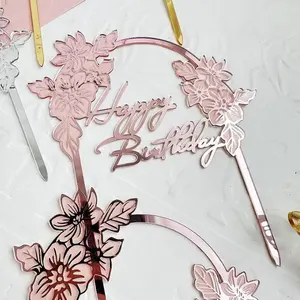 Nieuwe Creatieve Bloemenboog Acryl Cake Aanplant Vlag Gelukkige Verjaardag Thema Cake Decoratie Taarttopper