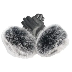 Fabriek Direct Touch Screen Schapenvacht Zwart Lederen Handschoenen Winter Womens Echt Vossenbont Tirm Handschoenen