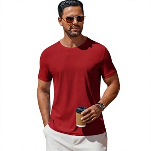 Camiseta de Manga Corta para Hombre, Cuello Redondo, Color Rojo, Corte Ajustado, Informal, Transpirable, Tejida, 100% Algodón, Color Sólido - Product Image 1
