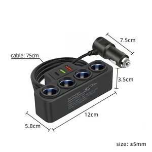 4 <b>Socket</b> Car Cigarette Lighter Splitter with 75cm Cable PD USB Type C QC3.0 66W Ports Fast Charger Voltage Display Truck Adapter - Product Image 6