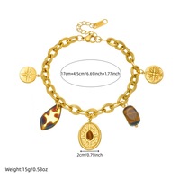 Bracelet à breloques vintage en acier inoxydable plaqué or 18 carats PVD avec pendentifs boussole, résine, léopard, perles d'agate et multiples breloques - Hypoallergénique - Cadeau