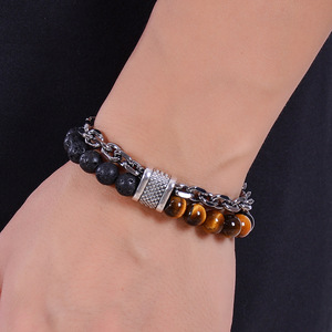 Fashion perhiasan manik-manik 8mm, Gelang gesper baja anti karat manik-manik batu Lava buatan tangan batu Macan alami lapisan ganda - Product Image 5