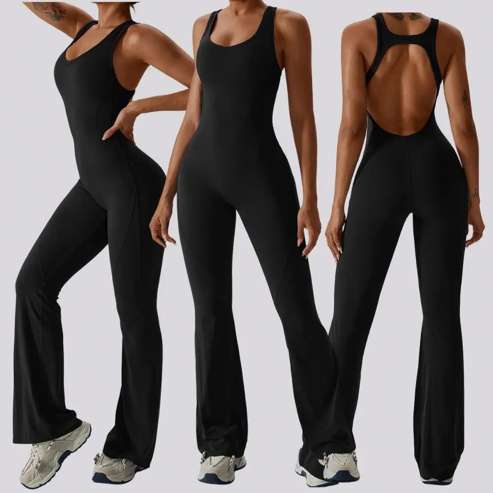 Mono siyah kadın spor tulumlar kadınlar için tek parça artı boyutu Backless egzersiz sıska Flare Activewear spor Yoga tulum