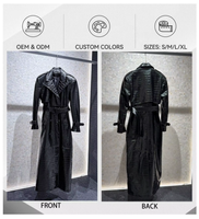 Manteau trench en cuir noir gaufré crocodile sur mesure OEM pour femme, longueur maxi, avec ceinture à boucle, veste d'hiver