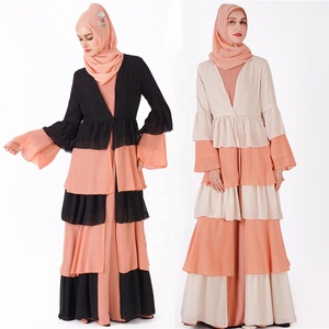 Muslimah Phụ Nữ Cầu Nguyện Dài Tay Áo Bánh Ăn Mặc Màu Rắn Đầy Đủ Chiều Dài Cascading Ruffles Hồi Giáo Voan Dress - Product Image 2
