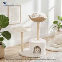 Arbre à chat moderne en forme de fleur avec condo en peluche, poteau en sisal, panier, gamelle et perchoir, mobilier d'escalade d'intérieur, vente en gros