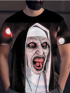 <span class=keywords><strong>T</strong></span>-<span class=keywords><strong>Shirt</strong></span> da Uomo in Maglia Larga Casual con Stampa Grafica 3D Digitale di Halloween, Suora e Film <span class=keywords><strong>Horror</strong></span>, Manica Corta, 100% Poliestere - Product Image 2