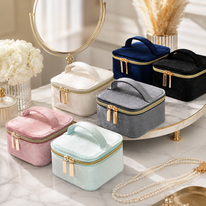 Portable Modern Simple Rectangle PU Leather Jewelry Organizer <b>Box</b> with Handle Zipper Closure Velvet Lining for Gift Store - Product Image 1