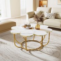 Table basse moderne en faux marbre de 39,37 pouces avec accent floral, structure en acier inoxydable, plateau en verre blanc doré en forme de fleur