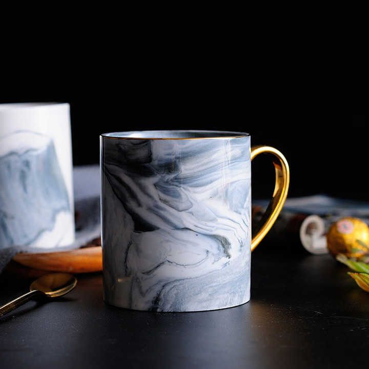 Wholesale Luxury European 13oz White Ceramic Coffee Mug with Golden Handle  Marble Grain