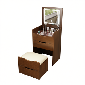 Tocador Compacto de Nogal con Espejo Abatible Iluminado y Pequeño Escritorio de Vidrio D0100HR59U2 Set - Product Image 1