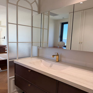 Meuble de salle de bain YALIG, style mi-siècle, couleur noyer, avec vasque monobloc en pierre courbée à chaud, sur pied - Product Image 4