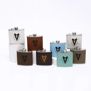 Bestman quà tặng 6oz 8oz laserable PU da tráng thép không gỉ Hip Flask Bộ quà tặng với Shot Glass Phễu