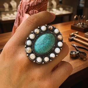 Bague en argent sterling 925 massif, faite à la main, avec pierre précieuse naturelle turquoise d'Arizona et nacre, sertie en forme de fleur, cadeau de mariage pour - Product Image 2
