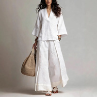 Nouvelle collection 2026 : Ensemble pantalon large et chemise à manches trois-quarts col en V style français en polyester et élasthanne pour femme, idéal pour l'export.