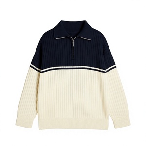 Cardigan côtelé crème pour homme, manches longues, col rabattu avec fermeture éclair 1/4, coupe classique, 100 % coton, idéal pour l'automne - Product Image 1
