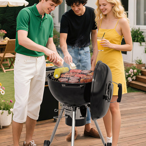 18.5-Inch <b>Kettle</b> Shaped Barbecue Grill Multifunctional Portable Outdoor <b>Camping</b> Tripod Grill With Lid Windproof Rustproof - Product Image 1
