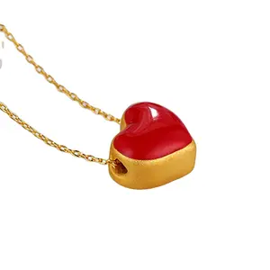 HD0254 liontin kalung cinta lapisan emas Enamel tetes hati cinta dengan tali kulit Aksesori sisi ganda kalung cinta kecil