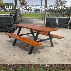 Outdoor Commercial Modern Rectangle Solid Wood Durable Picnic <b>Table</b> <b>Bench</b> Garden Furniture <b>Set</b> <b>Dining</b> Patio Cafe <b>Table</b> Metal - Product Image 2