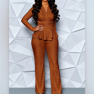 Women's Summer New Arrival: Waist-Defining, Slimming Solid-Color Long-Sleeve Top and <b>Pants</b> Casual 2-Piece Set Fashion - Product Image 1