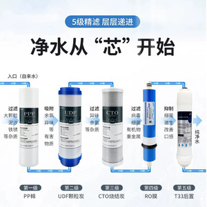 Juego de Cartuchos de Filtro para Purificador de Agua de 10 Pulgadas, Cinco Etapas, PP, Algodón, UDF, CTO, T33, Membrana RO, para Uso Doméstico, Agua Potable Directa - Product Image 4