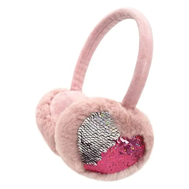 factory made girls pink winter heart shape sequin ear muff custom faux fur change sequin earmuff