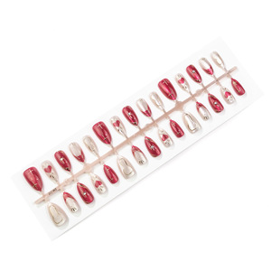 30 <span class=keywords><strong>Uñas</strong></span> Postizas <span class=keywords><strong>Rojas</strong></span> Ojo de Gato al por Mayor, <span class=keywords><strong>Uñas</strong></span> Acrílicas 3D Doradas a Presión, Cobertura Completa Mediana con Pegamento - Product Image 5