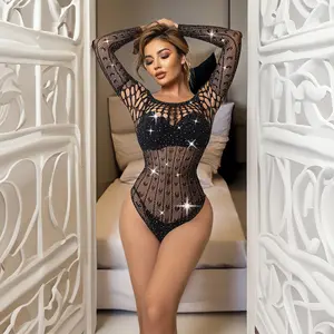 Yeni bayanlar elmas sıkı seksi Cut Out Lingerie Rhinestone Bodysuit kadın vücut çorabı