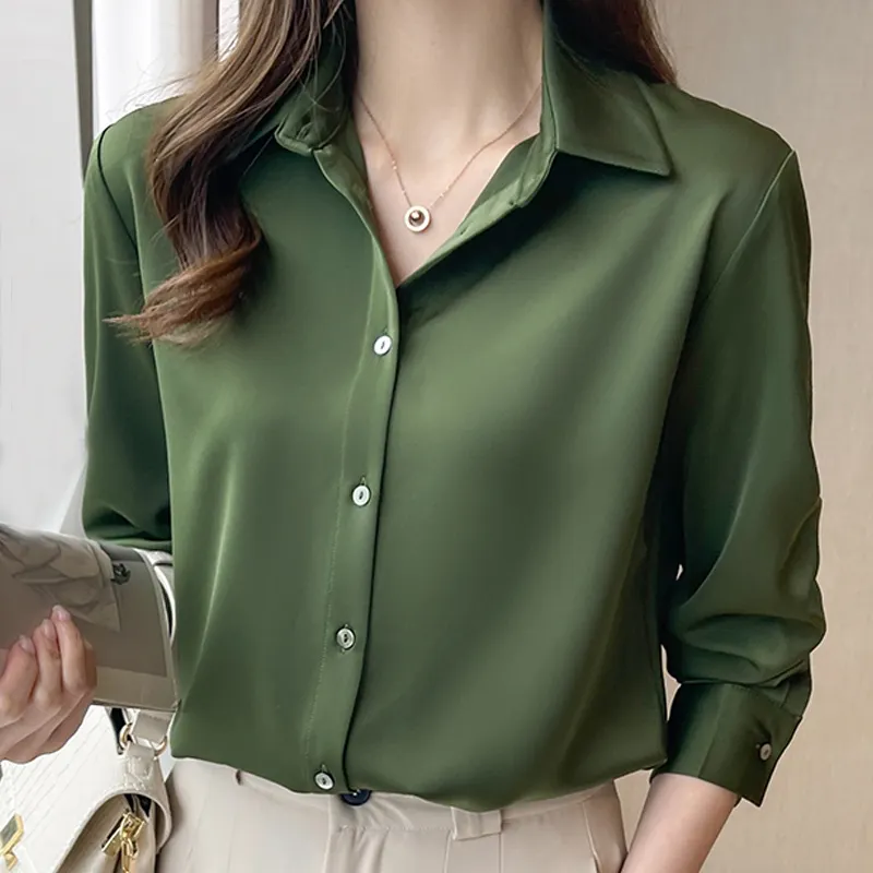 Blusas Blouses Femme Long Sleeve Green White Women Tops Women Blusas Mujer De Moda 2021 Satin Office Lady Blouse Shirt 8503