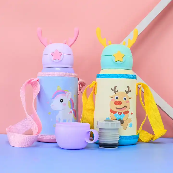 Cartoon Bunny Unicorn Stainless Steel Vacuum Flask Thermos Cup Mug for Kids  Childen Portable Cute Straw Water Bottle with Bag (pink bunny 3, 600ml)
