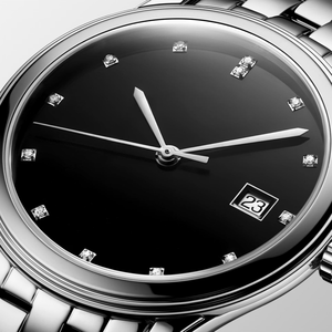 Montre en acier inoxydable avec cadran noir, index des heures sertis de diamants et fonction date pour homme Longinesing - Product Image 2