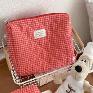 Bolsa de Maquillaje de Algodón a Cuadros Personalizada para Mujer, Estilo Coreano, Gran Capacidad, Bolsa de Cosméticos Acolchada, Bolsa de Almacenamiento de Artículos de Aseo para Viaje - Product Image 3