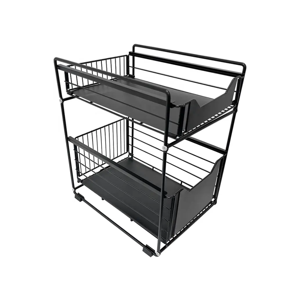 Amazon Hot Sell 2-tier Metal Kitchen Storage Rack Cabinet Slide out Bathroom Kitchen Under Sink Organizer