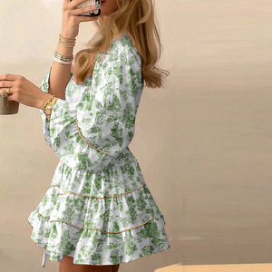 Vestido Mini Boho de Gasa con Cuello en V, Manga Linterna, Estampado Floral, Dobladillo en Capas, Cintura Imperio, Ajustado, Transpirable, para Fiesta de Verano o Uso Casual - Product Image 3