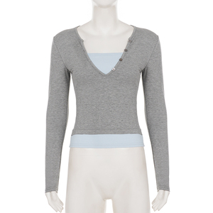 Fall New Two in One <b>Patchwork</b> Blue Gray Color Block Slim Fit Regular Shoulder Long Sleeve T Shirt <b>Top</b> for Women - Product Image 6