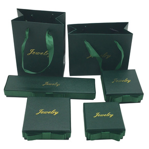 Custom logo ribbon bow decoration jewellery set packaging luxury green textured paper jewelry box with velvet foam insert