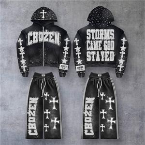 Tute Sportive Personalizzate Stile Vintage con Zip Effetto Lavato e Usurato, <span class=keywords><strong>Pantaloni</strong></span> a Zampa Traspiranti con Ricamo, Vestibilità Comoda Stile Street - Product Image 4