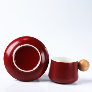 Juego de taza y platillo de cerámica de 320 ml, resistente al calor, de color sólido, para servir café y té. - Product Image 3