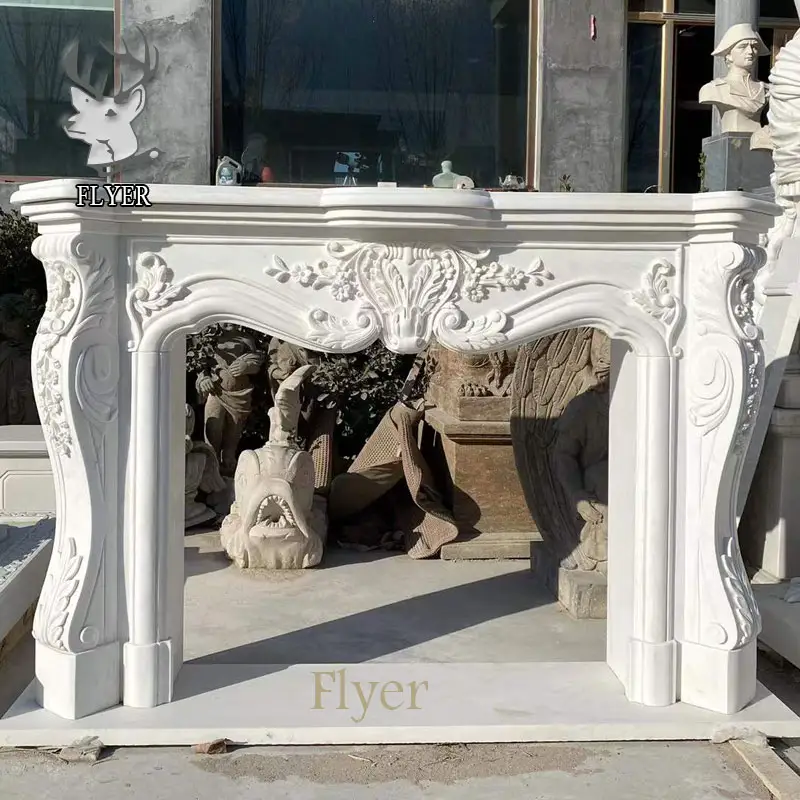 Caminetto in marmo bianco francese in marmo con rivestimento in pietra intagliata moderna per interni