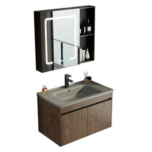 Meuble de salle de bain mural en bois massif de luxe léger, avec vasque en dalle de roche étanche et miroir intelligent avec rangement intégré - Product Image 4