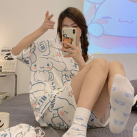 Pyjama respirant pour femme, ensemble short et haut à manches courtes, motif dessin animé mignon, coupe ample, idéal pour le printemps, l'automne et la maison