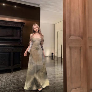 Vestido Maxi de Estilo Retro con Estampado Verde Claro, Tirantes Finos, Cintura Natural, Casual, Veraniego, Vintage - Product Image 4