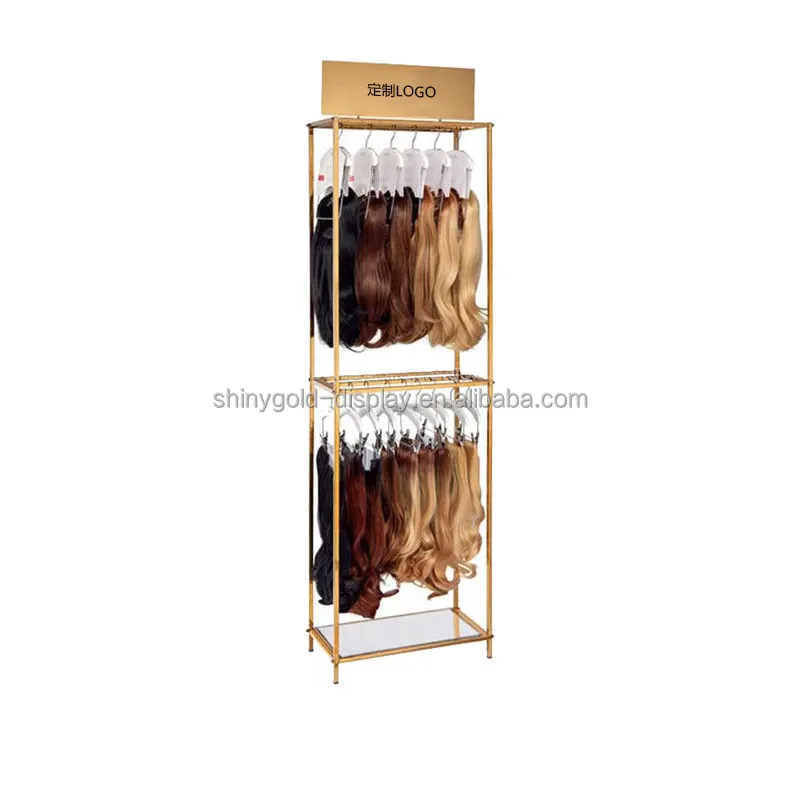 Custom Logo Salon Gold Metal Human Hair Rack Pruik Shop Display Plank Vloer Staande Hair Extension Display Stand Voor Pruiken