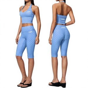 Ensemble de yoga 2 pièces pour femmes, haut court à pois taille haute, leggings longueur genou, spandex, polyester, tenue de sport sans couture - Product Image 1