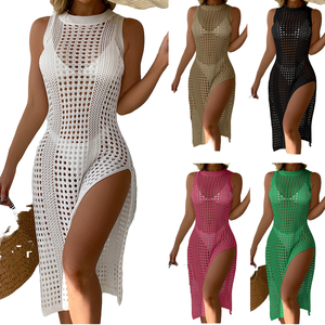 Al por mayor Blusa de playa tipo vestido de cubierta de bikini de color liso con estampado a cuadros, sexy, calado, con protección solar, con logo frontal, 1 pieza, con tanga - Product Image 4