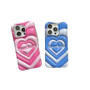 韩国可爱3D渐变甜美粉色爱心手机套iphone 14 13 pro max时尚硅胶防震后盖外壳
