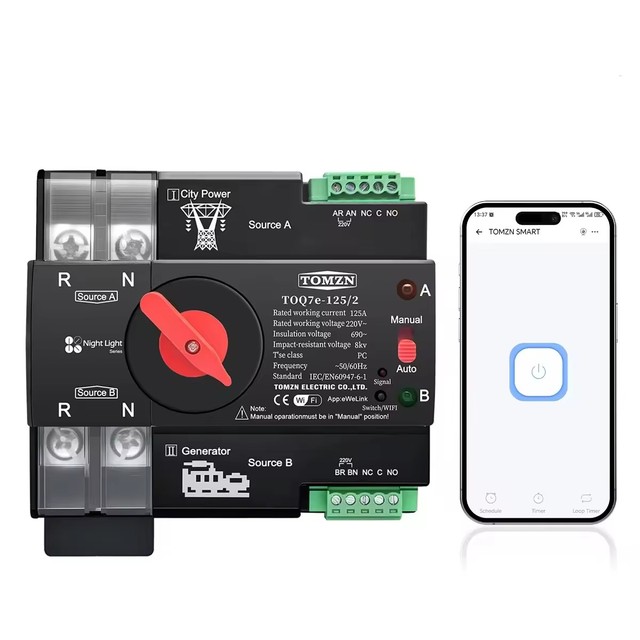TOMZN Din Rail WIFI Smart ATS Timer 230V Dual Power Automatic Transfer Electrical Selector Switch Uninterrupted 2P 125A C790