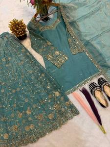 Traditional Blue Indian <b>Pakistani</b> Silk Top-Sharara Dupatta Set Embroidery Sequins Work for Women <b>Eid</b> Ramzan Special - Product Image 1